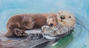 A pastel painting of a sea otter holding her baby on her chest.